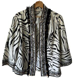 Chico's Sz 2 US Med Linen Animal Print Jacket Blazer Open Front Fringe Beading